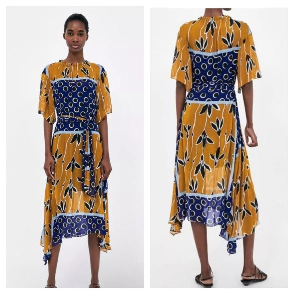 ZARA Navy Mustard White Floral Sheer Tie Waist Midi Dress Sz XS